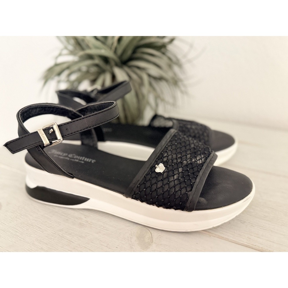 Juicy Couture Ilyza Wedge Sandals Women Sz 10 Black Logo‎ Ankle Strap Buckle Y2K